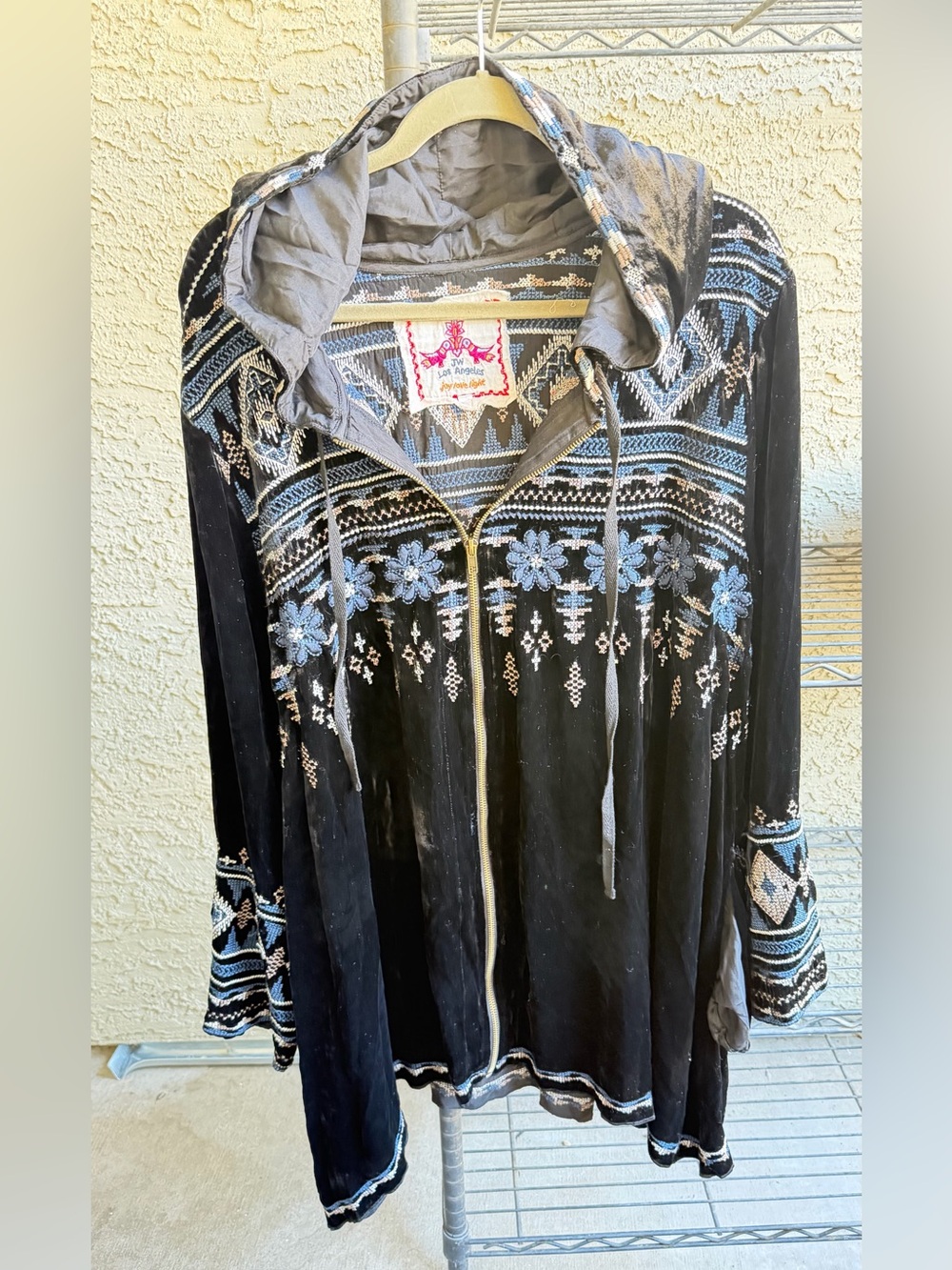 Johnny Was Los Angeles Embroidered Velvet Hooded Zip Jacket Boho Black Blue 2x